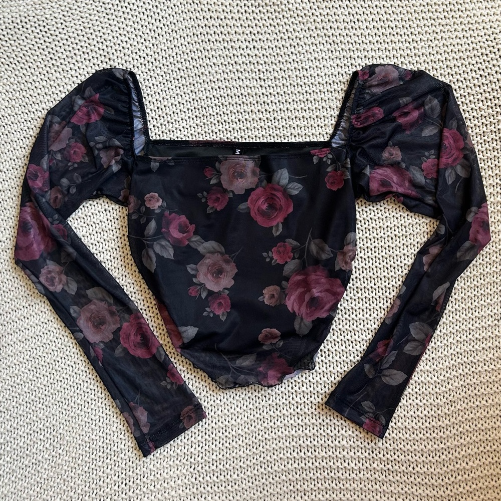 Motel Rocks Black Mesh Long Sleeve Floral Bodysuit with Plum Roses